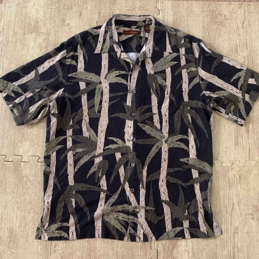 Tori Richard 100% Silk Black and Beige Bamboo Print Men’s Button-Down Shirt L - Picture 2 of 5